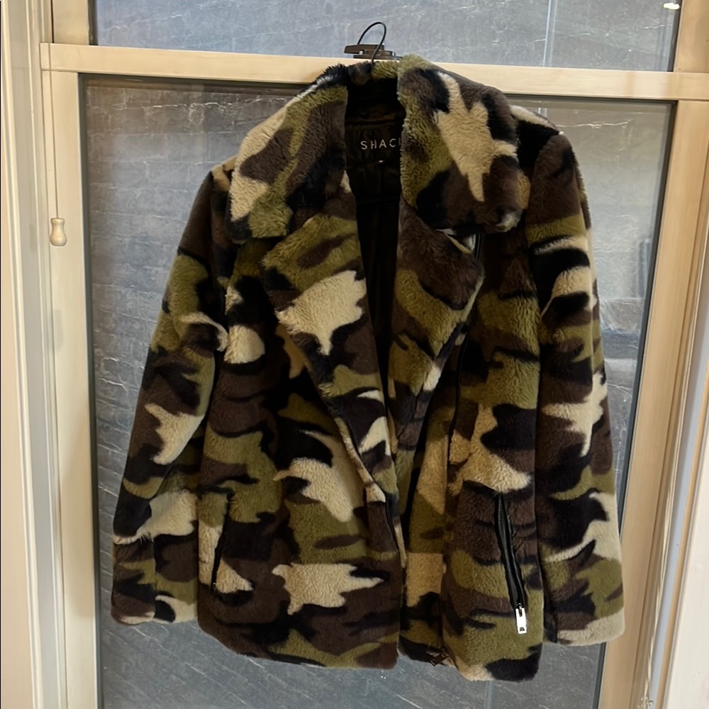Green and Brown Teddy Jacket with Camouflage Pattern